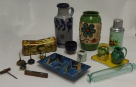 Two large West German pottery vases, modern Chinese pillow box, other pottery, glass rolling pin,