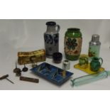 Two large West German pottery vases, modern Chinese pillow box, other pottery, glass rolling pin,