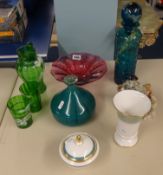 Various glass ware including Maltese art glass, German porcelain figure etc.