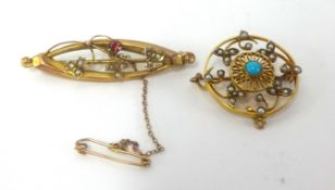 Two 9ct gold brooches set with seed pearl and turquoise (2).