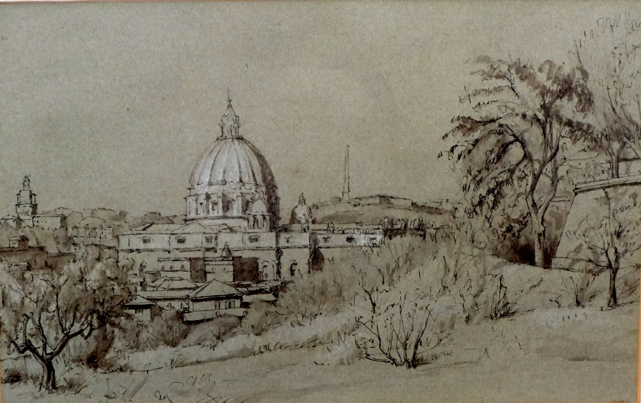 PAMELA OVENS (1903-1985) Pen and Wash, 'St Peters, Rome', water colour with gallery label verso, the - Image 2 of 2