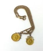 A 9ct gold watch chain with graduated links each stamped .375 fitted with a Geo V 1911 gold