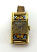 An 18k gold and enamel wrist watch of Art Deco design, stamped 18k with a 9ct gold metal core