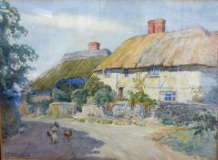 D.ANDERSON, signed watercolour, 'Thatched Cottages and Cockerels', signed, 18.5cm x 25cm.