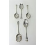 Three early Georgian silver table spoons, London circa 1736, and two other silver spoons, marks