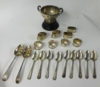 Various silver wares including napkin rings, small rose bowl and a pair of Geo III spoons with