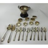 Various silver wares including napkin rings, small rose bowl and a pair of Geo III spoons with