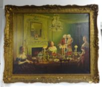 ARTHUR FULLER? signed oil on canvas '18th/19th century dining room interior', 60cm x 74cm.