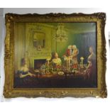 ARTHUR FULLER? signed oil on canvas '18th/19th century dining room interior', 60cm x 74cm.