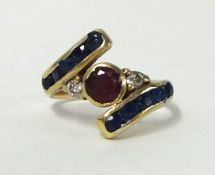 An 18ct gold ruby, diamond and sapphire ring, size F 1/2.