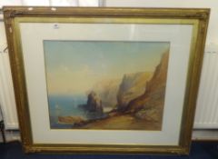 Victorian large coastal water colour, signed, probably cornwall, in original gilt frame