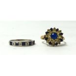 A 9ct gold cluster ring together with a white metal half band eternity ring (indistinct mark),