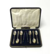 A set of silver teaspoons and sugar tongs in original fitted case,  weight 2.69 oz.