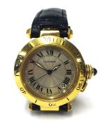CARTIER PASHA a fine ladies 18ct date wrist watch on leather strap with CARTIER buckle and hinge