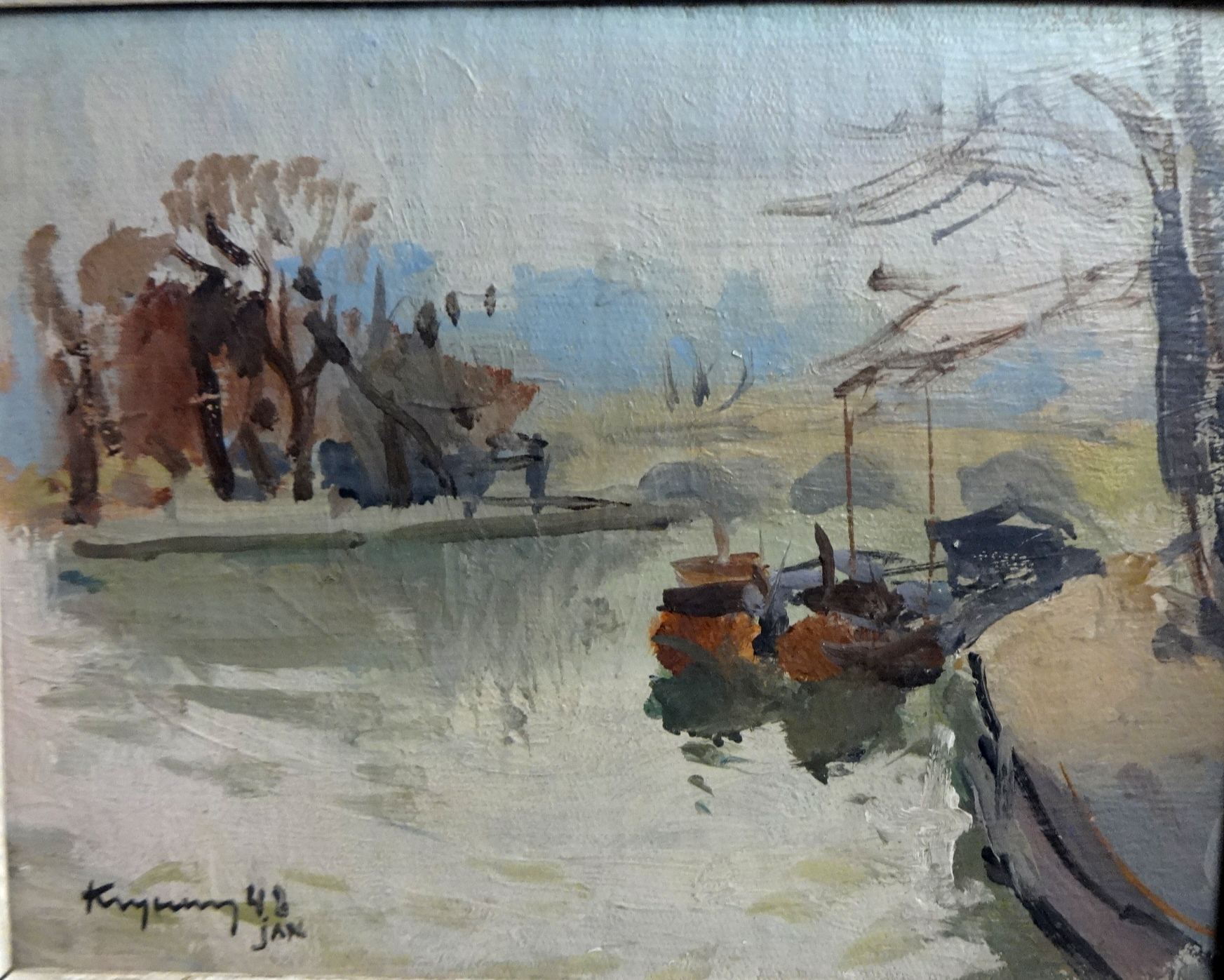 NICOLAS KRYCEVSKY signed oil on board, canal scene with barges, dated 1948, 17.50cm x 22cm. - Image 2 of 2