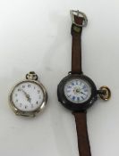 A Continental silver and enamelled fob watch, stamped .800, and another (converted to a wrist