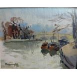 NICOLAS KRYCEVSKY signed oil on board, canal scene with barges, dated 1948, 17.50cm x 22cm.