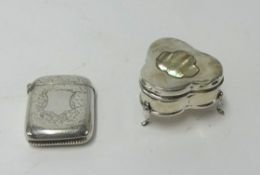 A small silver ring box on 3 feet with mother pearl flower inset together with a silver vesta (2).