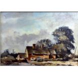 ANDREW KING signed oil on board, rural cottages, 25cm x 35cm.