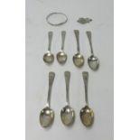 Five Victorian bright cut silver teaspoons each stamped AEDLLM, also 2 other similar spoons and a