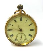 OMEGA a14k open face keyless wound pocket watch, the white enamel dial with black Roman numerals and