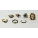 A large 9ct gold and cameo set dress ring, other 9ct gold dress rings and unhallmarked rings,