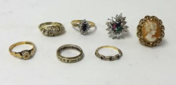 A large 9ct gold and cameo set dress ring, other 9ct gold dress rings and unhallmarked rings,