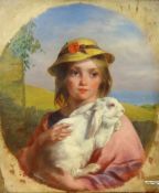 A Victorian oil painting,Girl with a White Rabbit, 33cm x 28cm.