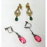 A pair of 9ct emerald and gold pendant earrings together with a pair of costume drop pink stone