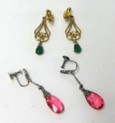 A pair of 9ct emerald and gold pendant earrings together with a pair of costume drop pink stone