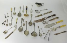 A Geo III  bright cut table spoon, silver sugar tongs, other silver objects and various silver