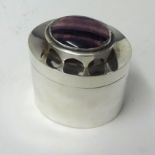 A modern silver box of arts and crafts design by Roberta Ayles, set with large agate stone, height