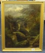 Victorian School painting, indistinctly signed, river scene with bridge, herders and fisherman