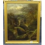 Victorian School painting, indistinctly signed, river scene with bridge, herders and fisherman