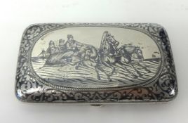 A Russian silver niello box, stamped KLINGERT, decorated with a troika scene.
