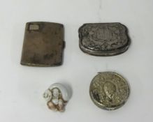 A silver cigarette case, a 19th Century silver? Snuff box the lid with armorial with gilt interior