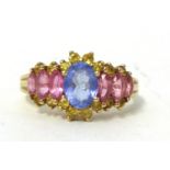 Judy Mayfield 9ct sapphire ring set with blue, pink and yellow sapphires, size T