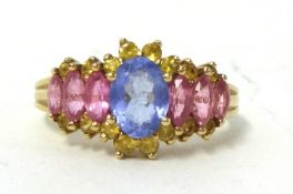 Judy Mayfield 9ct sapphire ring set with blue, pink and yellow sapphires, size T