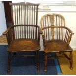 Three country Windsor chairs including comb back chair with elm saddle seat.