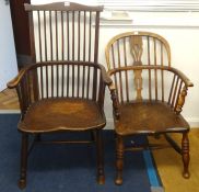 Three country Windsor chairs including comb back chair with elm saddle seat.