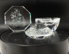 Swarovski Crystal glass 2 paperweights and an ashtray.