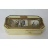 Georgian ivory and gold inlaid snuff box with classical miniature scene decorated to the lid (