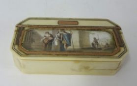 Georgian ivory and gold inlaid snuff box with classical miniature scene decorated to the lid (
