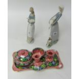 Two Lladro figures of girls with animals (2) also a Maling Ware lustre dressing table set