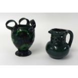 Barron Barnstaple puzzle jug inscribed and a three handle fish vase (2)