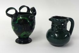 Barron Barnstaple puzzle jug inscribed and a three handle fish vase (2)