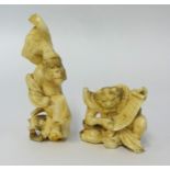 Two carved ivory figures a gargoyle and a baboon in night clothes, damaged