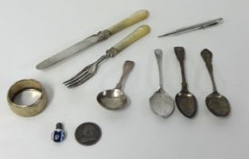 Crown Derby style miniature snuff bottle with silver top, Georgian caddy spoon and other silver