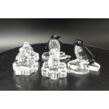 Swarovski Crystal glass Penguin family and 3 stands.