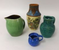 Barron Barnstaple green jug another and puzzle jug also Lauder art pottery vase (4)